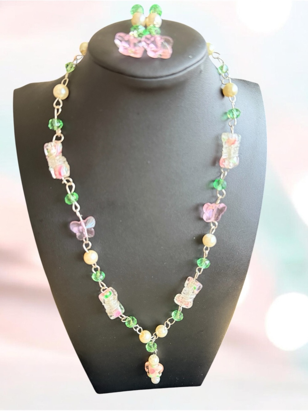 Pink & Green Glass Butterfly Bead Necklace - Women's Fashion Jewelry
